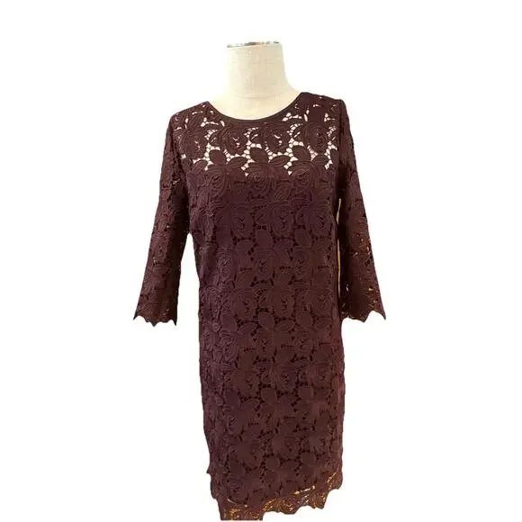 Loft Shift Dress Womens Size 8 Fig Maroon Lace Floral 3/4 Sleeve Back Zipper - Picture 3 of 8
